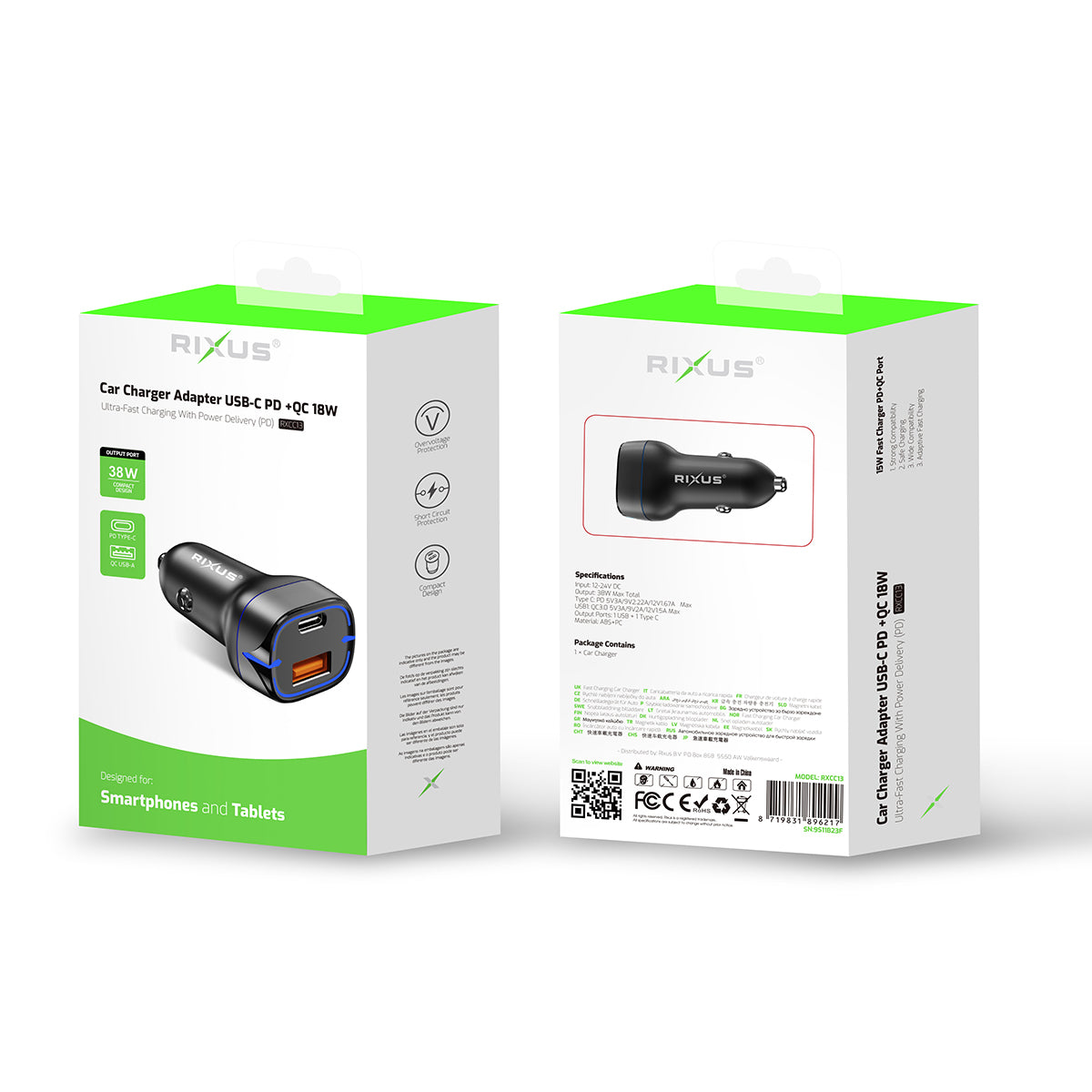 Rixus RXCC13 Chargeur de voiture USB-C PD+QC3.0 18W Noir