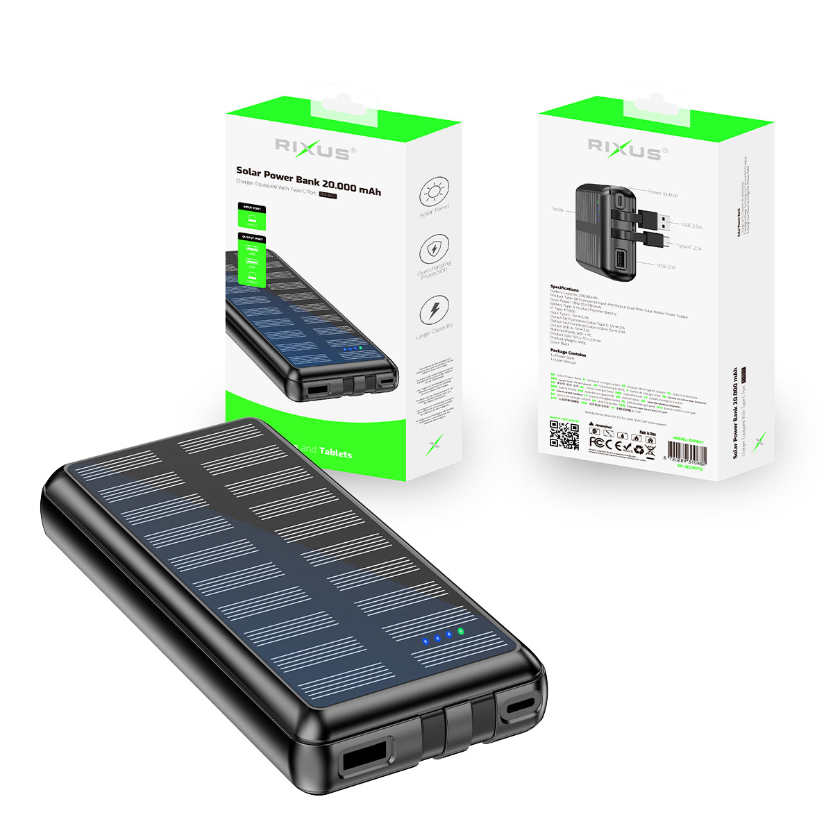 Rixus RXPB47 Solar Powerbank 20000 mAh avec câbles intégrés Noir