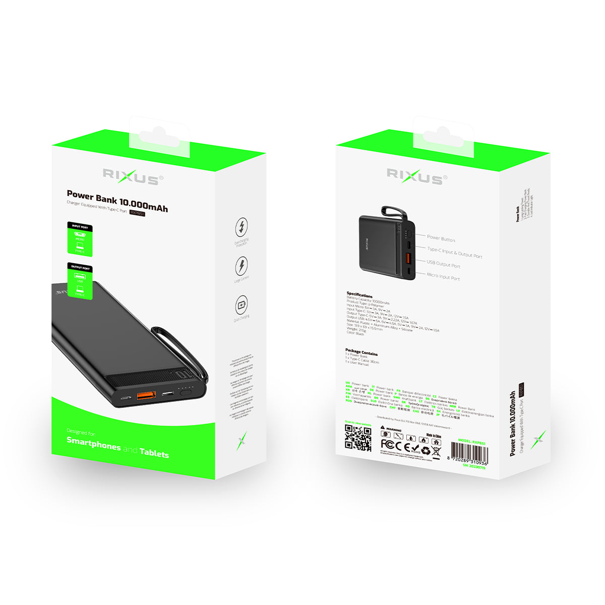 Rixus RXPB51 Powerbank haute capacité 10000 mAh 22.5W Noir