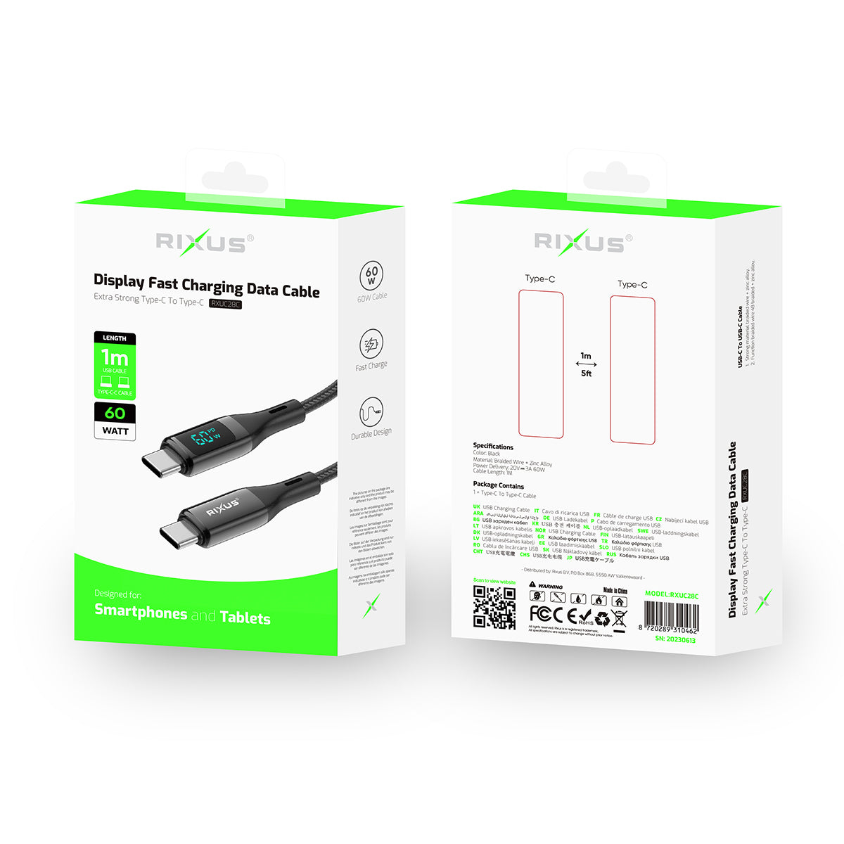 Rixus RXUC28C Braided USB-C Cable With LED Display 1m Black