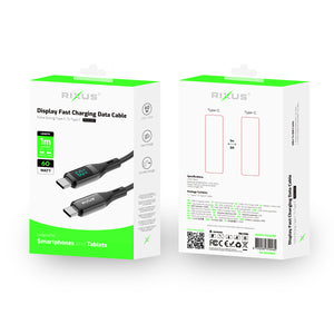 Rixus RXUC28C Braided USB-C Cable With LED Display 1m Black