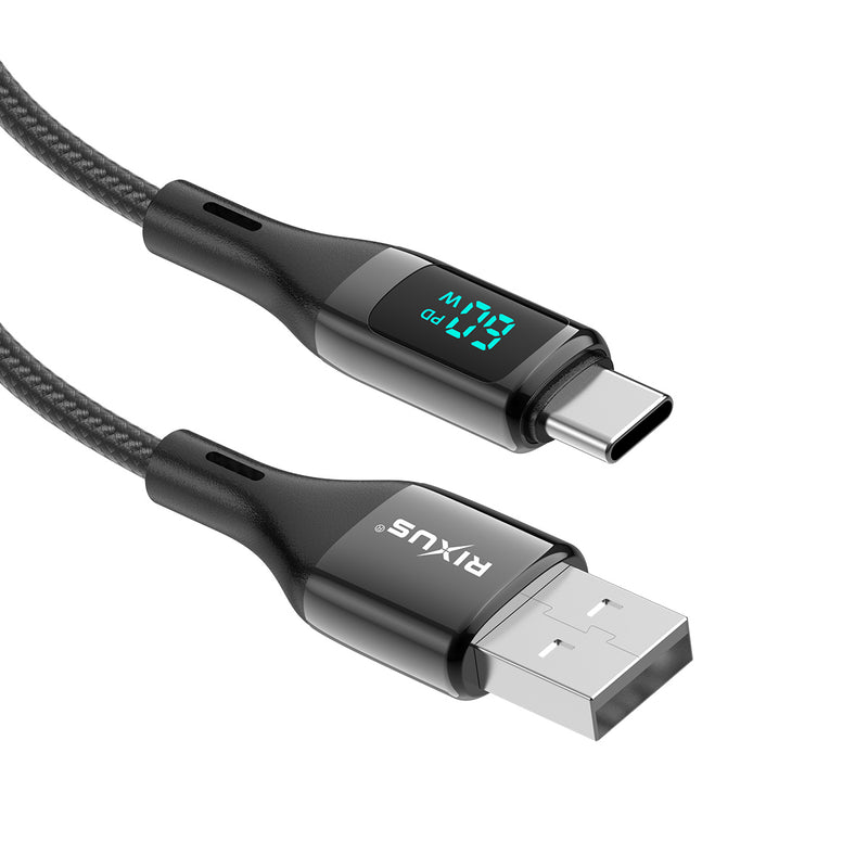Rixus RXUC28AC Braided USB To USB-C Cable With LED Display 1m Black