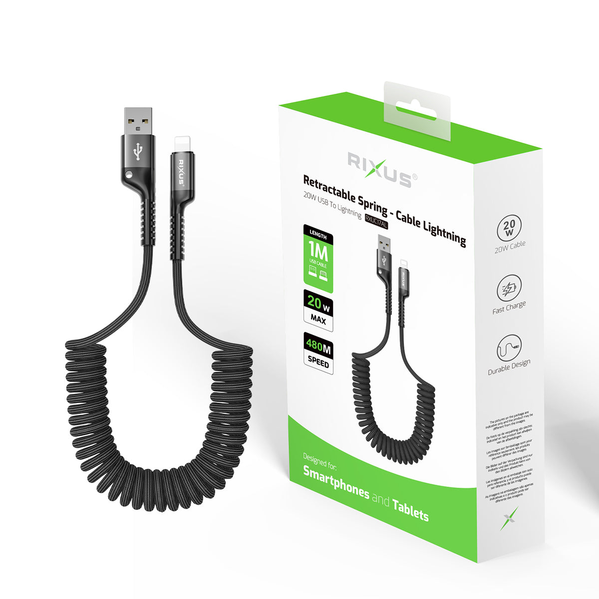 Rixus RXUC17AL Retractable Spring Cable USB-A To Lightning Black