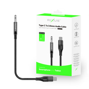 Rixus RXMU35C 3.5mm AUX To USB-C Braided Audio Cable 4-ft Black