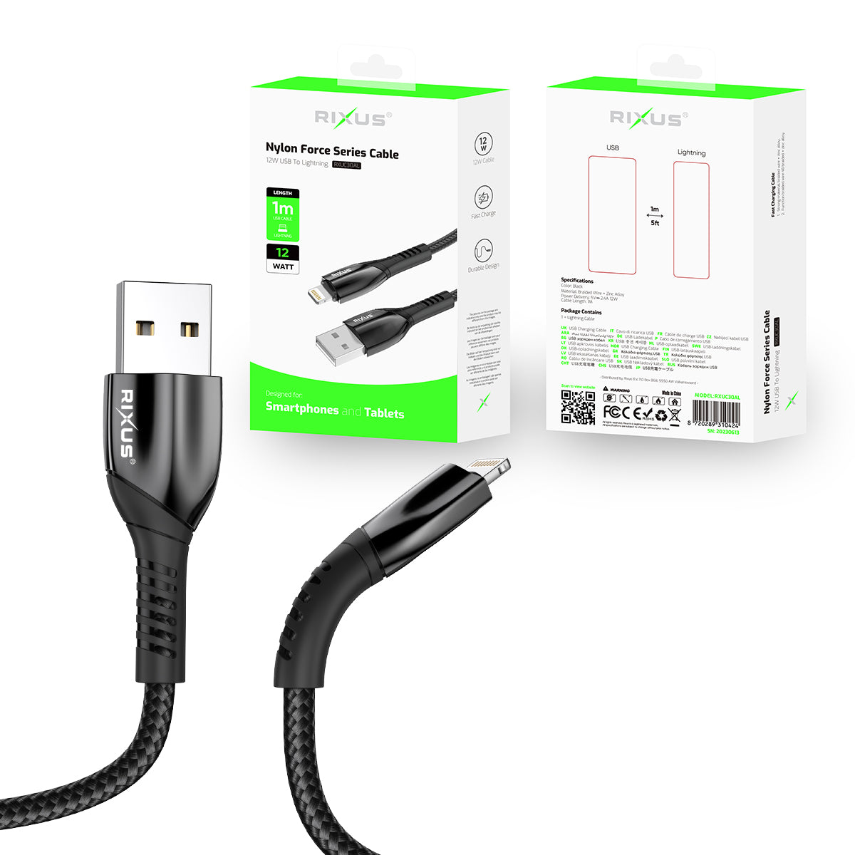 Rixus RXUC30AL Alloy USB To Lightning Data Cable Metal Gray