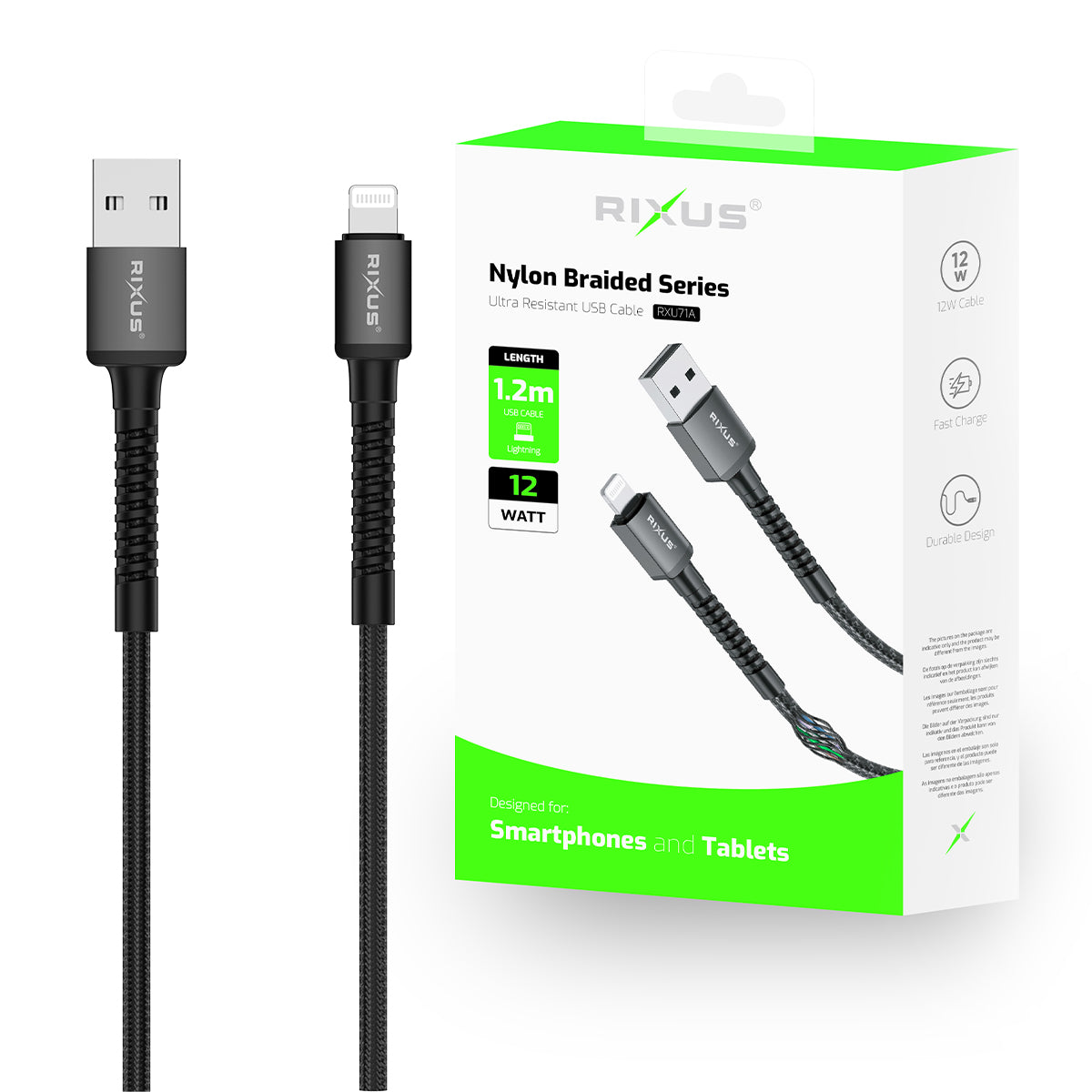 Rixus RXU71A Nylon Braided USB To Lightning Cable 1.2mtr Black
