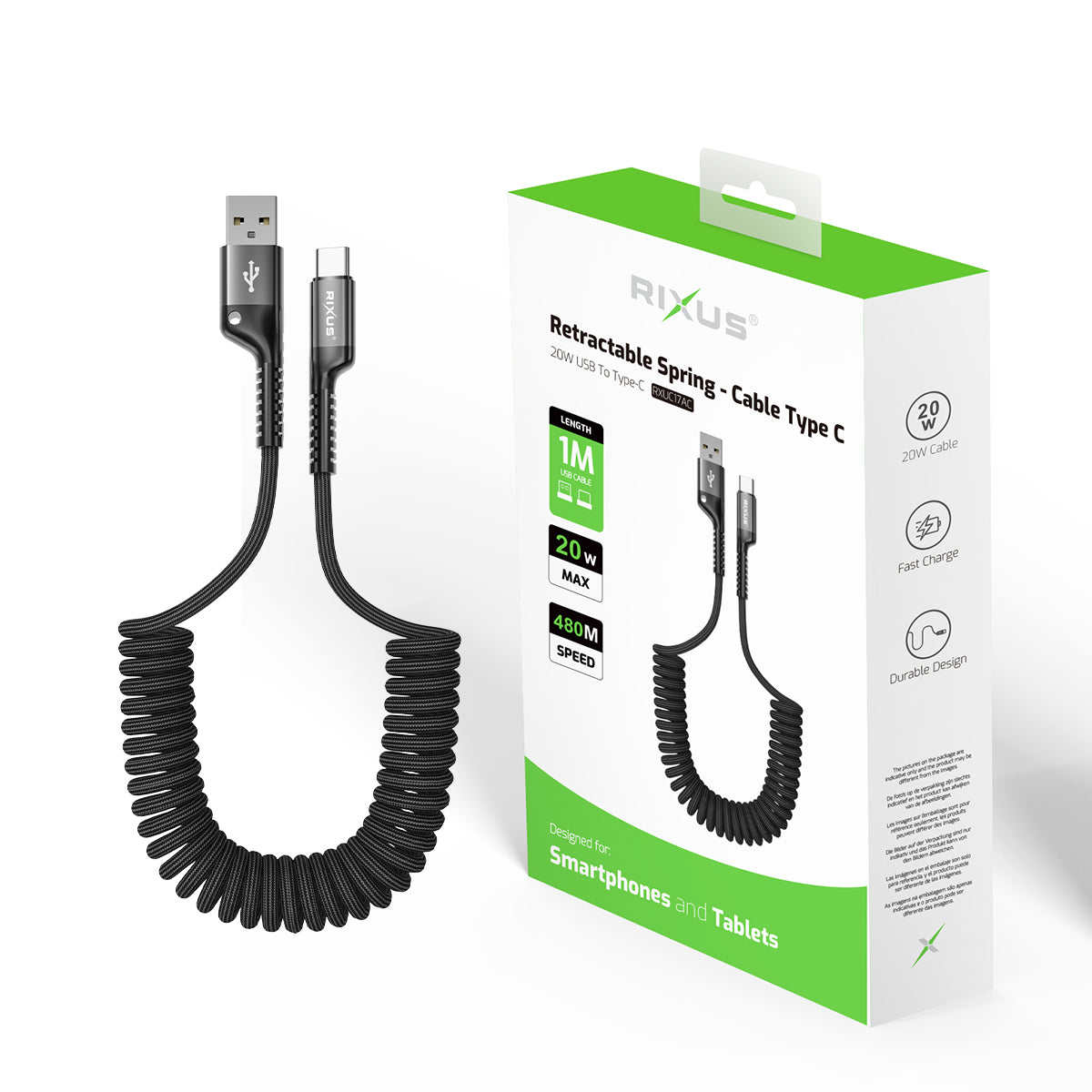 Rixus RXUC17AC Retractable Spring Cable USB-A to Type-C Black