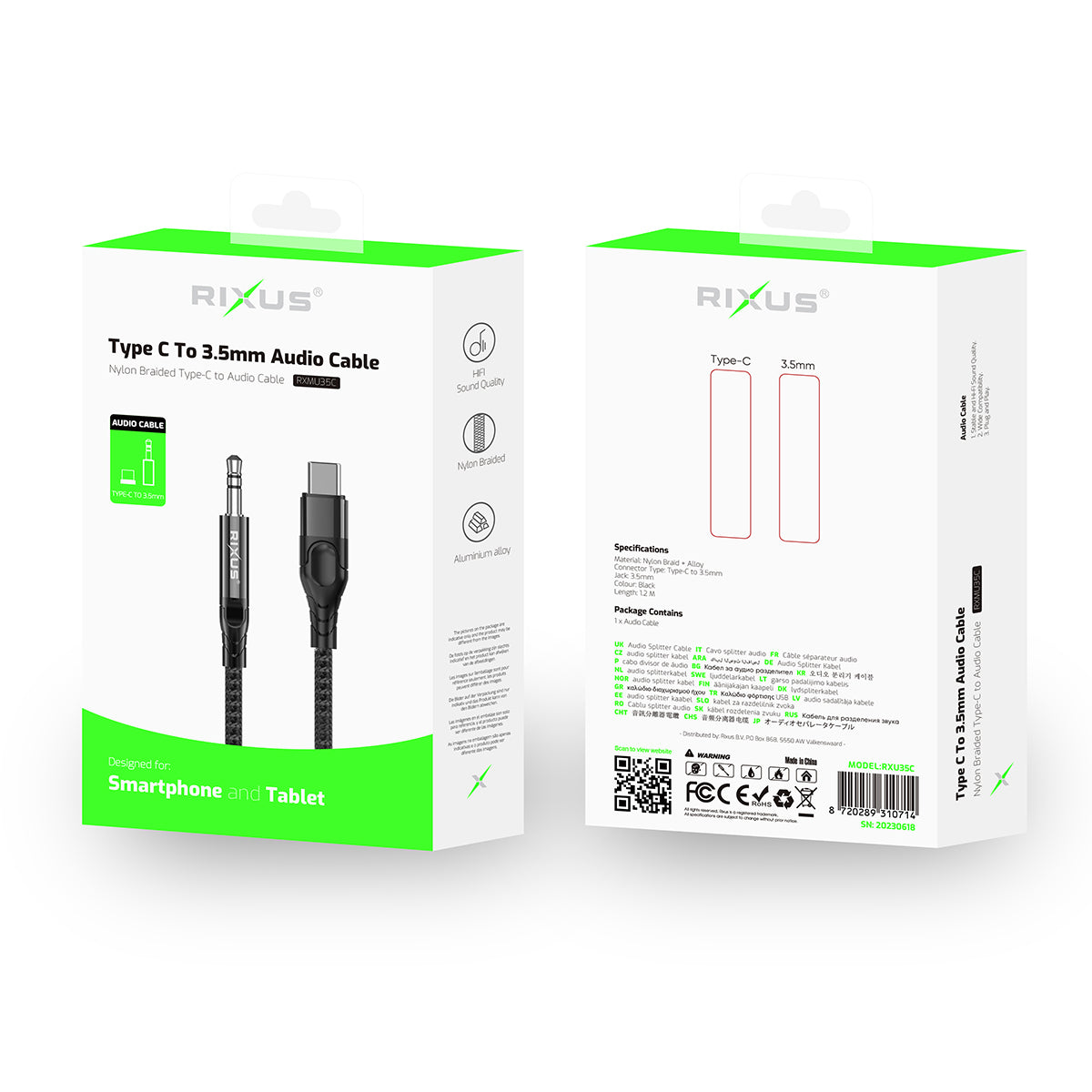 Rixus RXMU35C 3.5mm AUX To USB-C Braided Audio Cable 4-ft Black