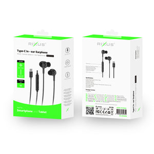 Rixus RXHD56C USB C Wired Earbud Type Headphone With Microphone Black