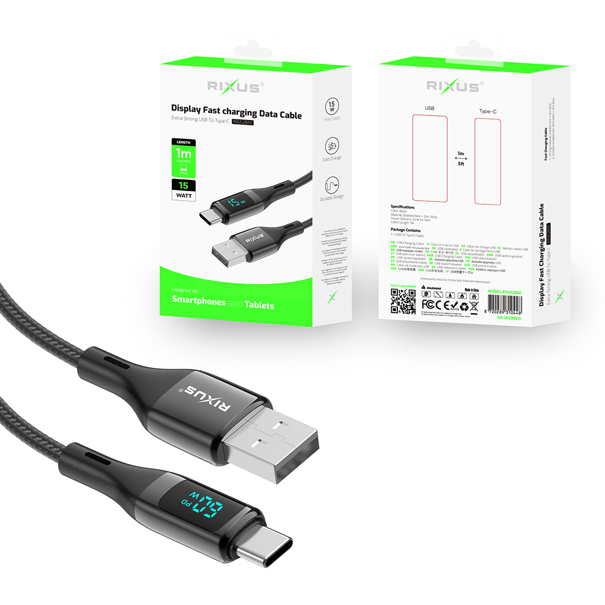 Rixus RXUC28AC Braided USB To USB-C Cable With LED Display 1m Black
