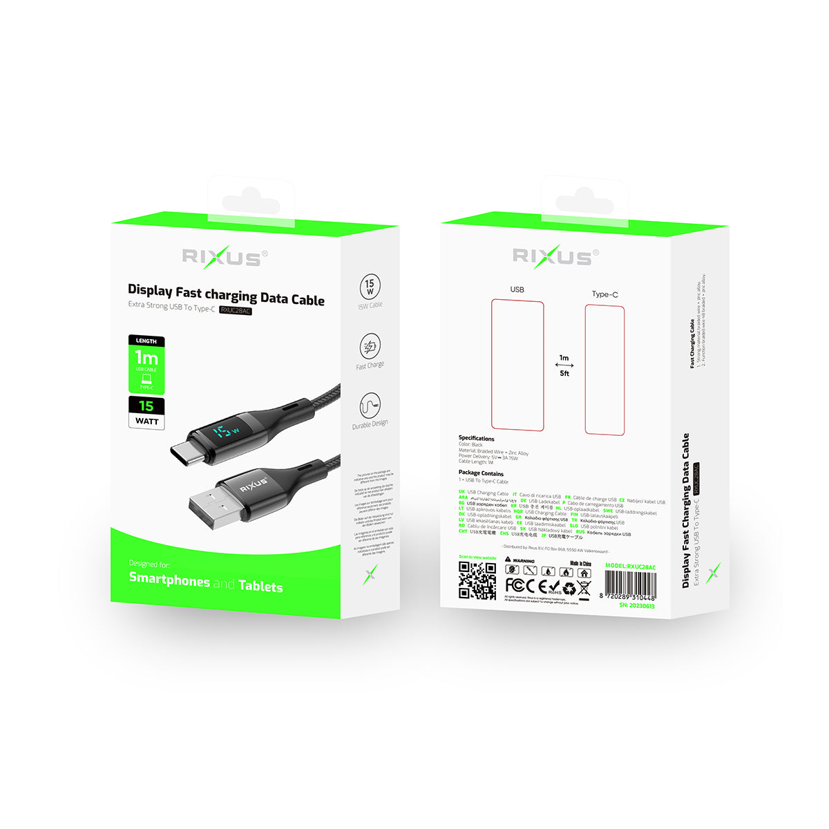 Rixus RXUC28AC Braided USB To USB-C Cable With LED Display 1m Black