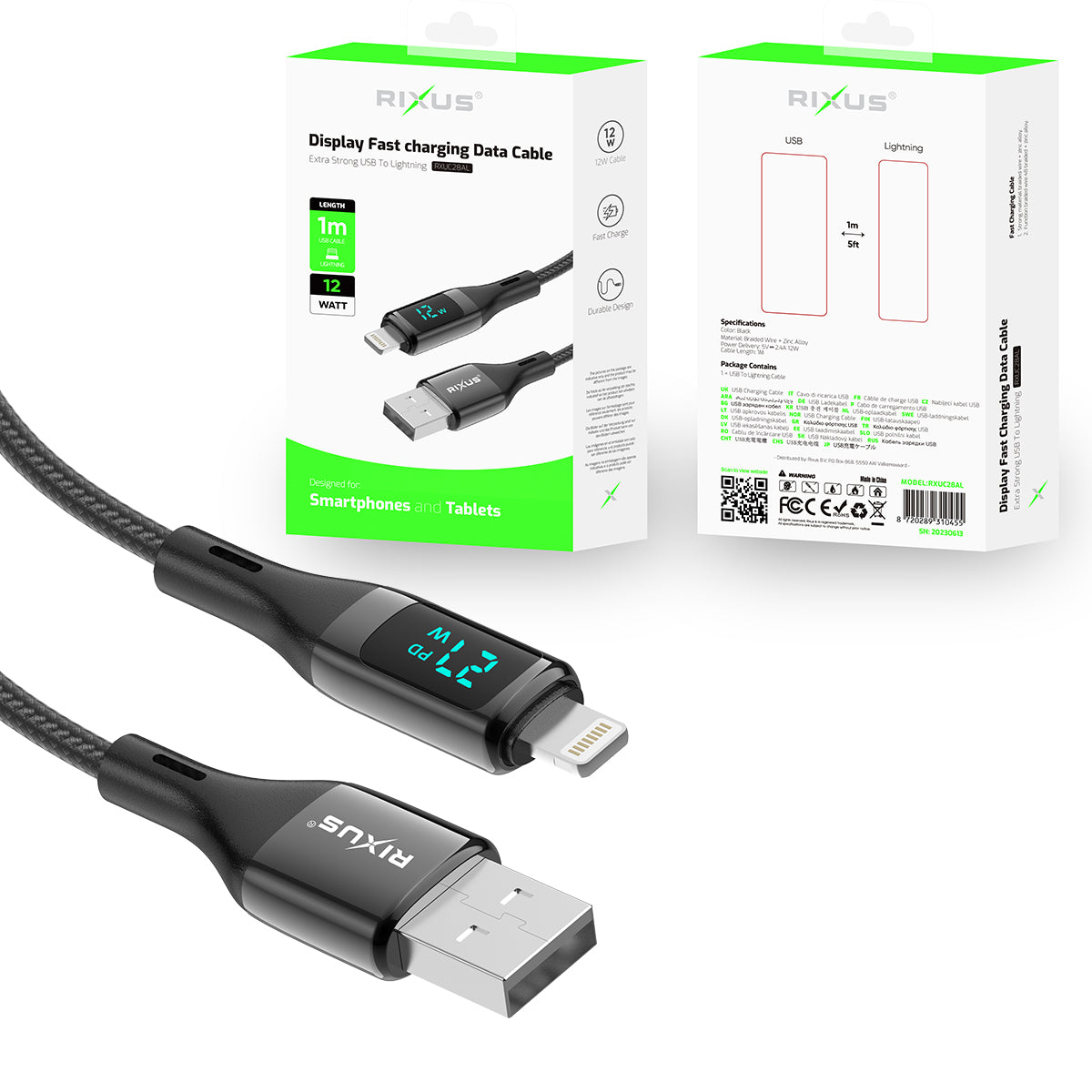 Rixus RXUC28AL Braided USB To Lightning Cable With LED Display 1m Black
