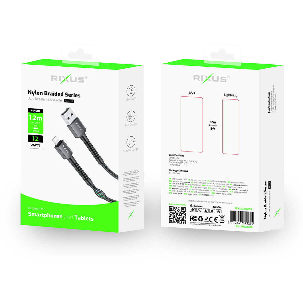 Rixus RXU71A Nylon Braided USB To Lightning Cable 1.2mtr Black