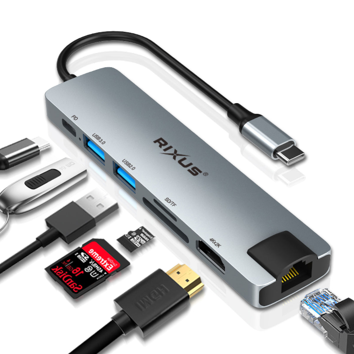 Rixus USB Type-C To Ethernet Adaptor With Docking Station Blue