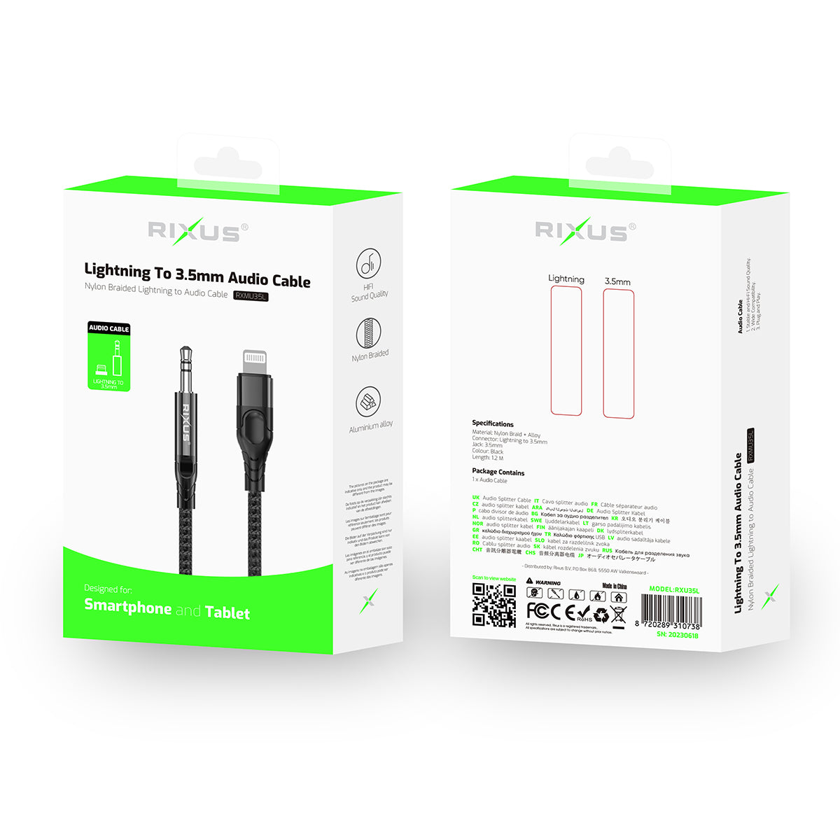 Rixus RXMU35L 3.5mm AUX To Lighting Braided Audio Cable 4-ft Black
