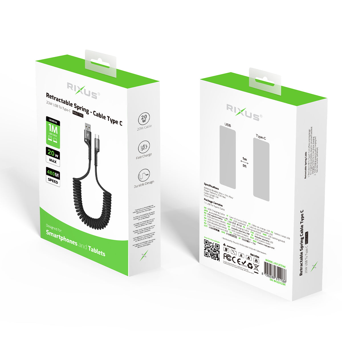 Rixus RXUC17AC Retractable Spring Cable USB-A to Type-C Black